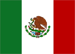 [ai] The national flag of Mexico, featuring three vertical stripes of green, white, and red with the national coat of arms centered on the white stripe. The coat of arms displays an eagle perched on a cactus, grasping a snake.